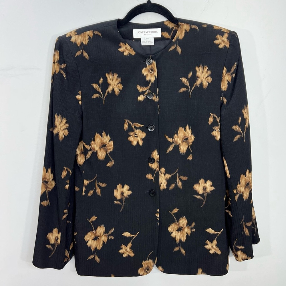 SOLD Jones New York 100% silk Floral Black and tan Women's Jacket blazer 10P - Picture 3 of 13